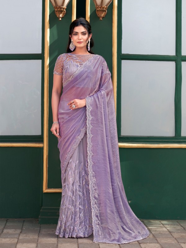 Silk & Soft Premium net Party wear Saree In Lovender Color with Hand Work 