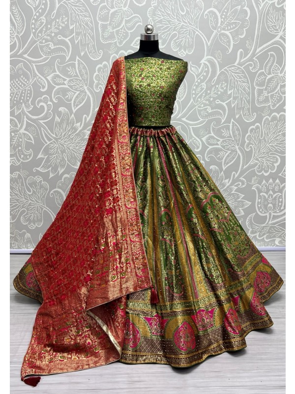 Pure Banarasi Silk  Party  Wear Lehenga In Green Color 