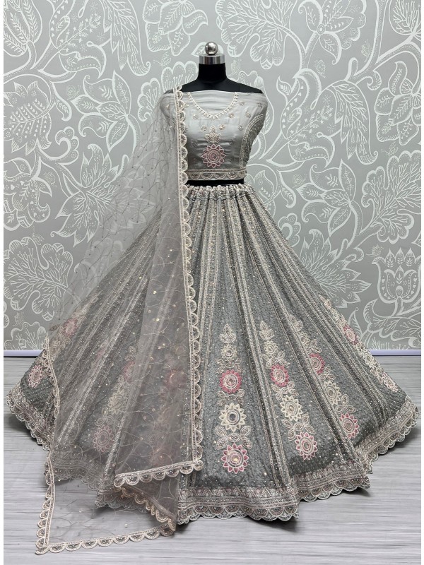 Soft Premium Net Wedding Wear Lehenga In Grey Color  With Embroidery Work