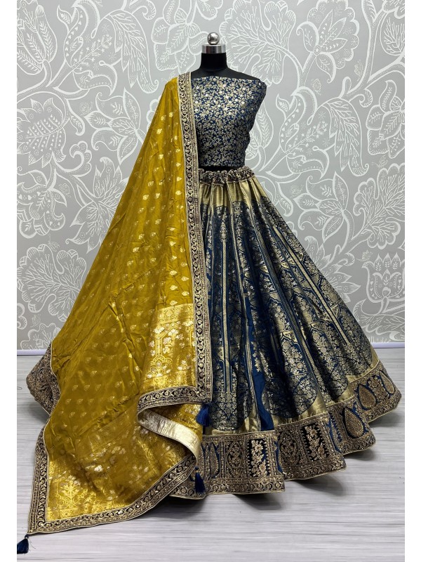 Pure Banarasi Silk  Party  Wear Lehenga In Blue Color With Embroidery Work 