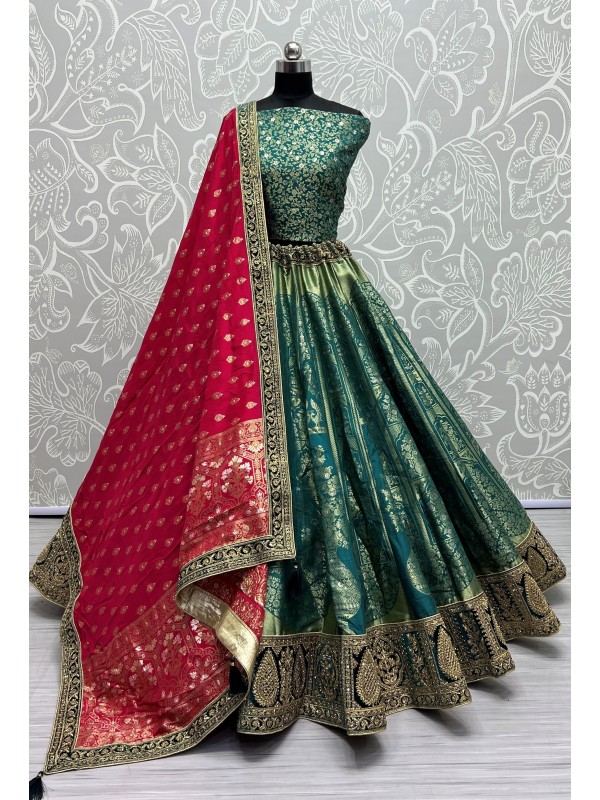 Pure Banarasi Silk  Party  Wear Lehenga In Turquoise Color With Embroidery Work 