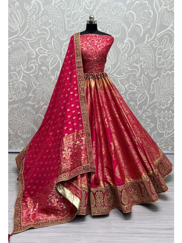 Pure Banarasi Silk  Party  Wear Lehenga In Pink Color With Embroidery Work 