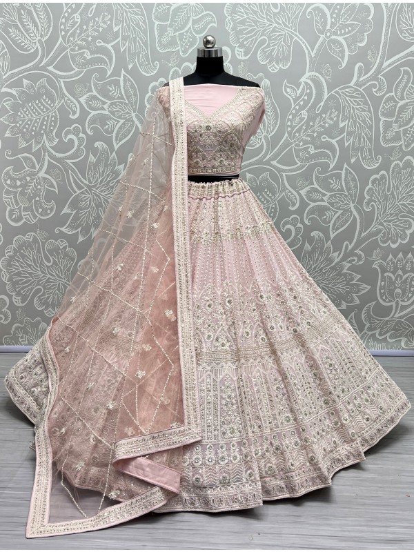Pure Georgette Party  Wear Lehenga In Peach Color With Embroidery Work 