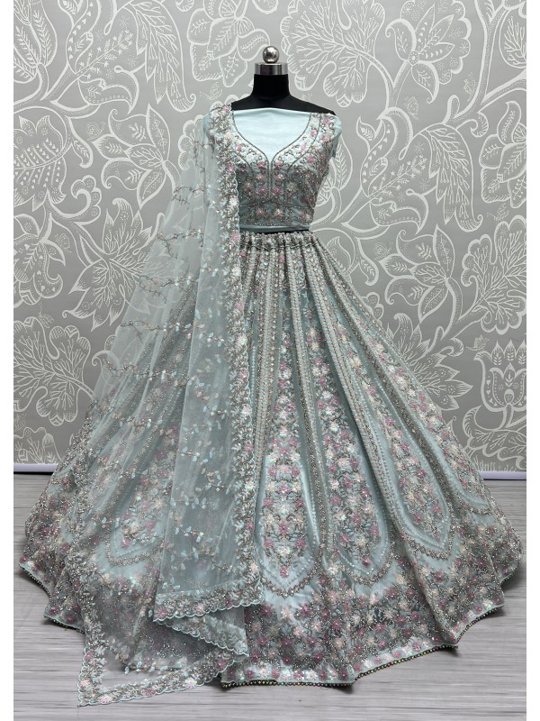 Soft Premium Net Wedding Wear Lehenga In Blue Color  With Embroidery Work