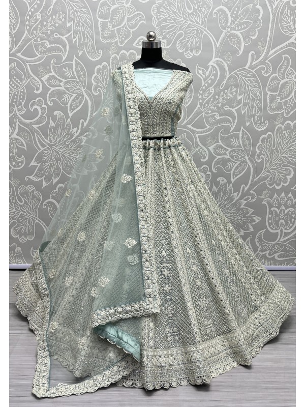 Soft Premium Net Wedding Wear Lehenga In Sea Green Color  With Embroidery Work