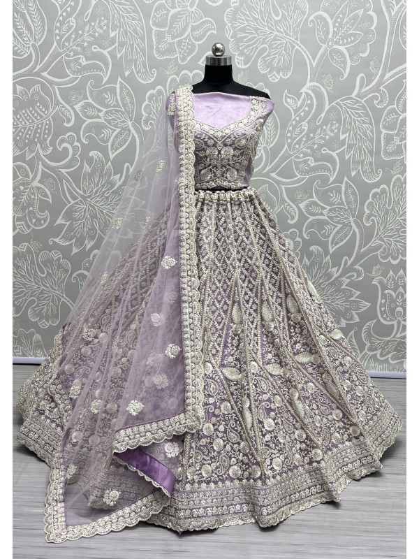 Soft Premium Net Wedding Wear Lehenga In Lavender Color  With Embroidery Work