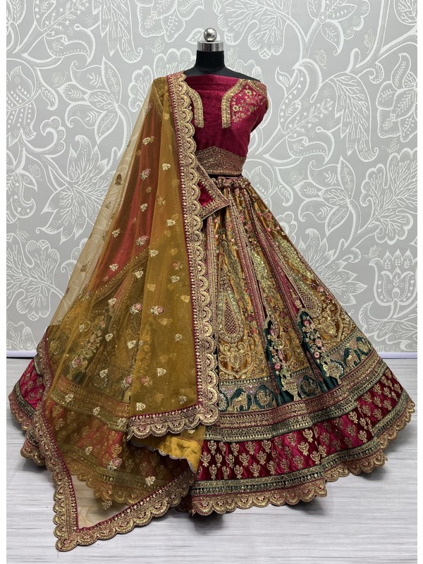 Pure Micro Velvet Bridal  Wear Lehenga In Yellow Color With Embroidery Work 
