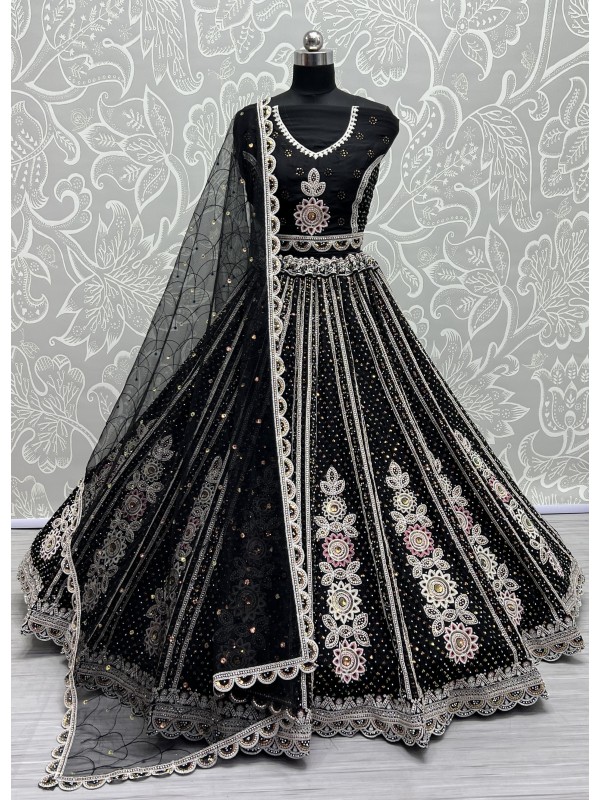 Soft Premium Net Wedding Wear Lehenga In Black Color  With Embroidery Work