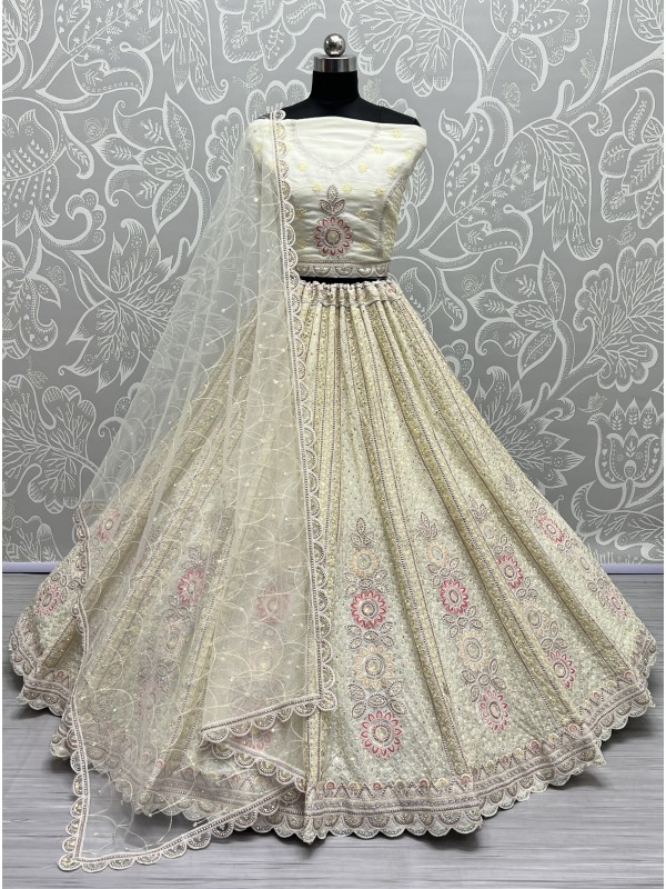 Soft Premium Net Wedding Wear Lehenga In Cream Color  With Embroidery Work