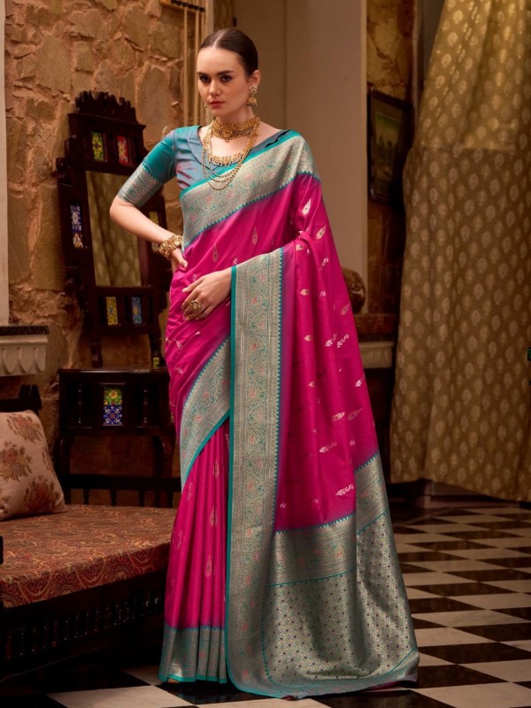Soft Silk Party wear Saree In Rani Pink Color with Zari Weaving 