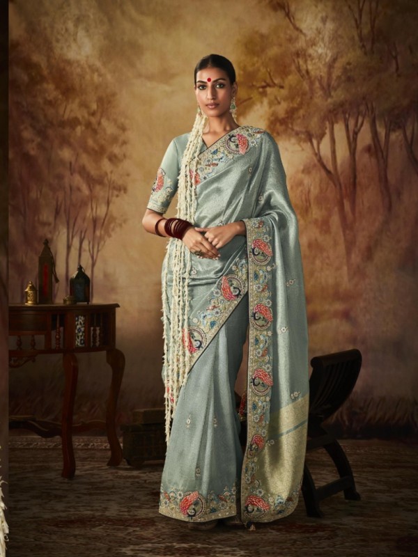  Pure Banarasi Kanjivaram Silk Saree In Grey Color With Embroidery  Work