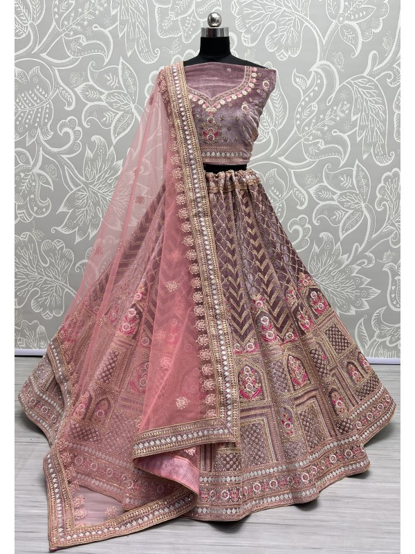 Pure Micro Velvet Bridal  Wear Lehenga In Mauve Color With Embroidery Work 