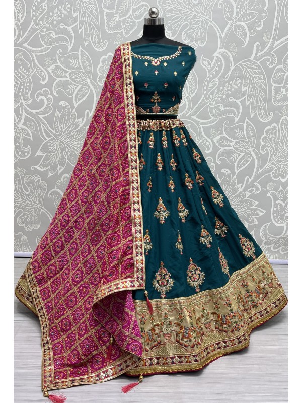 Pure Gadhwal silk  Wedding Wear Lehenga In Teal Blue Color  With Embroidery Work