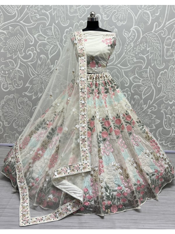 Soft Premium Net Wedding Wear Lehenga In White Color  With Embroidery Work