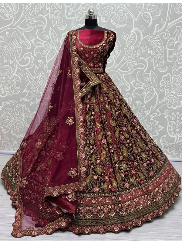 Pure Micro Velvet Bridal  Wear Lehenga In Dark Pink Color With Embroidery Work 