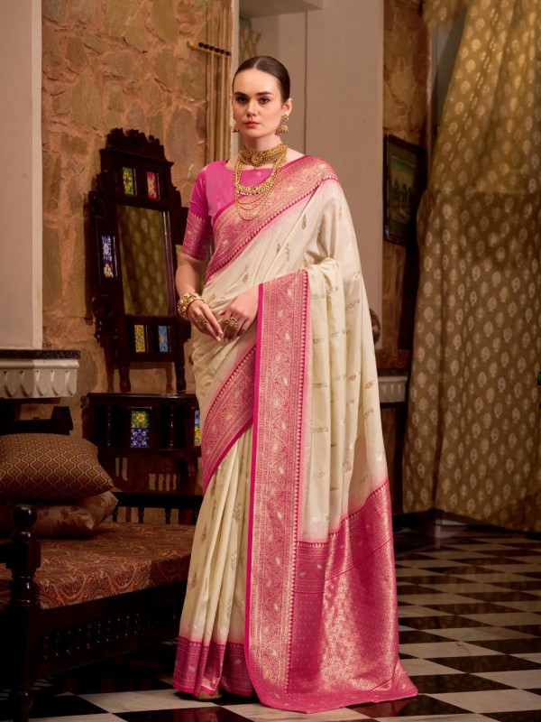 Soft Silk Party wear Saree In Cream Color with Zari Weaving 