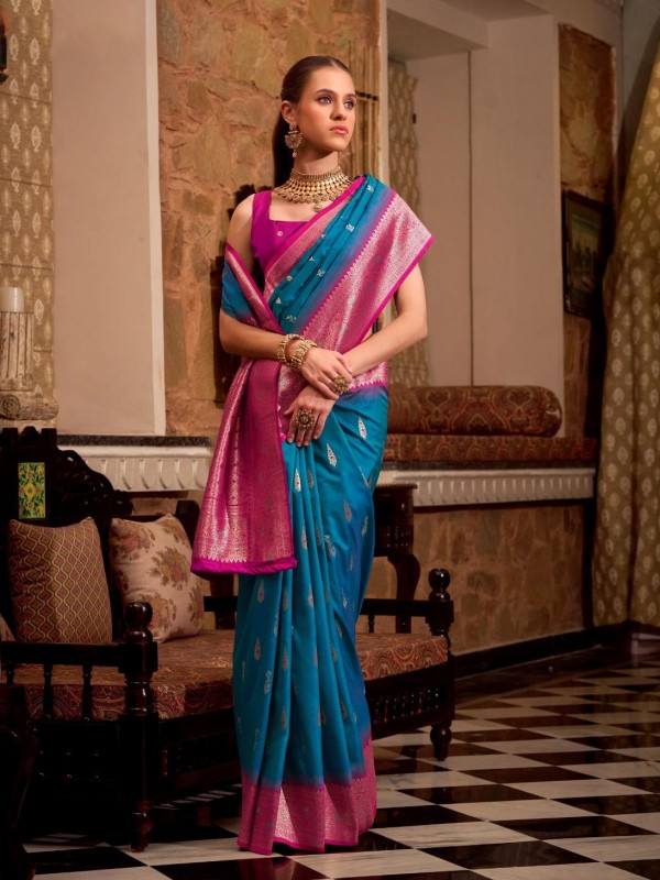 Soft Silk Party wear Saree In Blue Color with Zari Weaving 