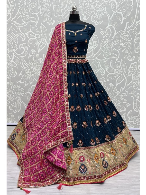 Pure Gadhwal silk  Wedding Wear Lehenga In Blue Color  With Embroidery Work
