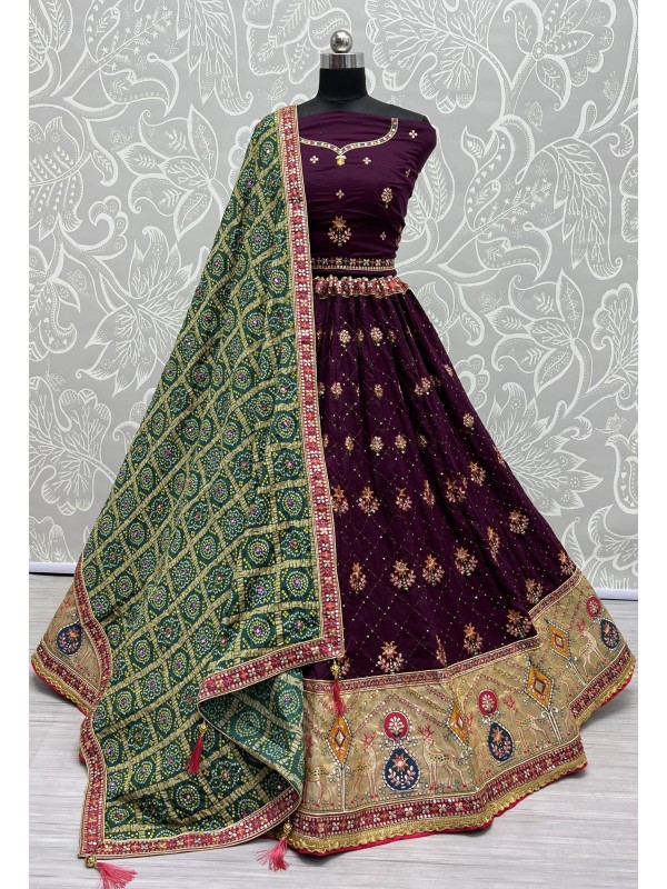Pure Gadhwal silk  Wedding Wear Lehenga In Purple Color  With Embroidery Work