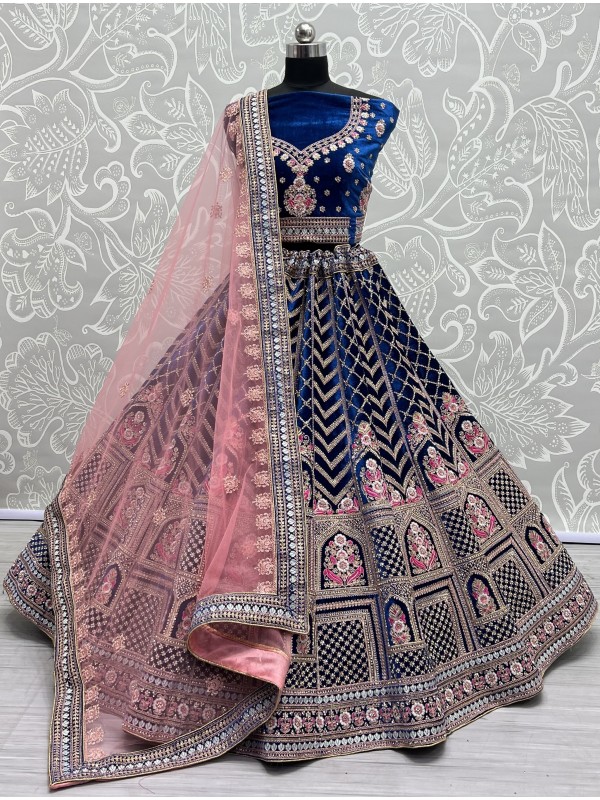 Pure Micro Velvet Bridal  Wear Lehenga In Blue Color With Embroidery Work 