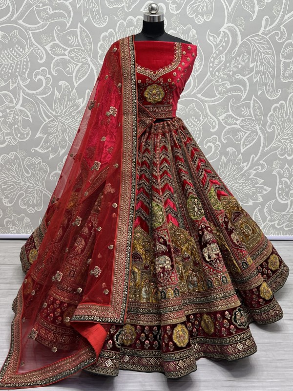 Pure Micro Velvet Wedding Wear Lehenga In Red Color With Embroidery Work