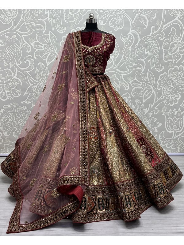 Pure Micro Velvet Bridal  Wear Lehenga In Golden Color With Embroidery Work 