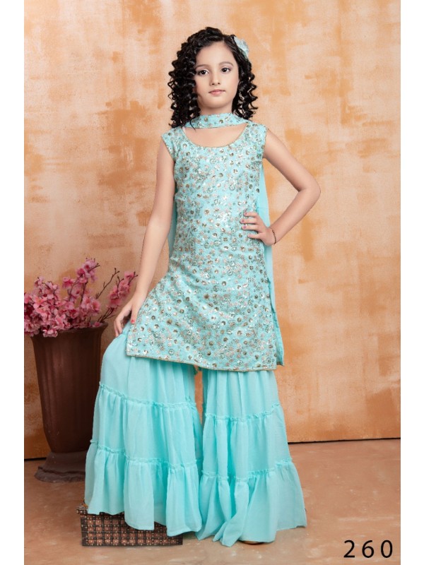  Fox Georgette Party Wear Kids Sharara In Blue With Embroidery Work 