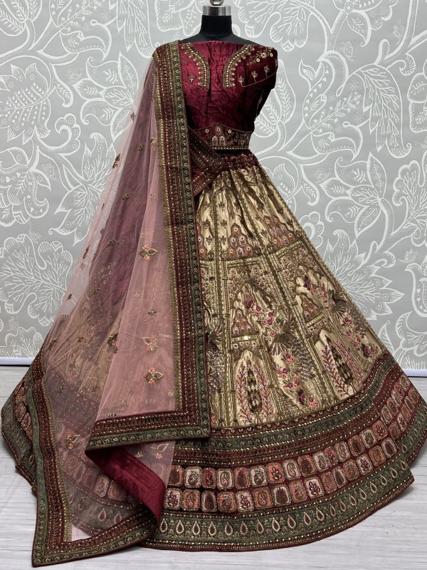 Pure Micro Velvet Wedding Wear Lehenga In Maroon Color With Embroidery Work