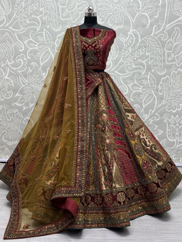 Pure Micro Velvet Wedding Wear Lehenga In Maroon Color With Embroidery Work