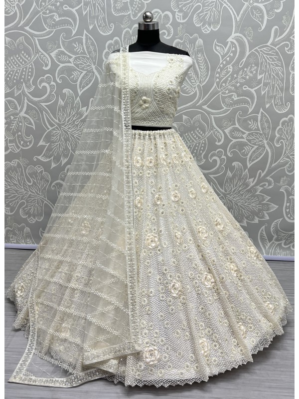 Soft Premium Net Wedding Wear Lehenga In White Color  With Embroidery Work