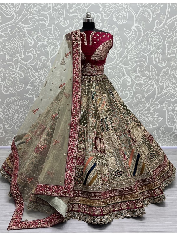 Pure Micro Velvet Bridal  Wear Lehenga In Silver Color With Embroidery Work 