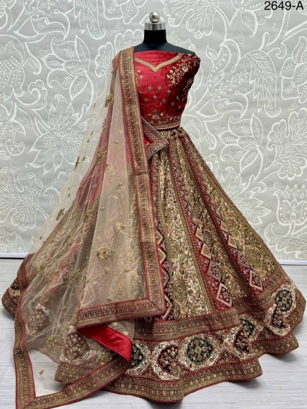 Pure Micro Velvet Wedding Wear Lehenga In Red Color With Embroidery Work