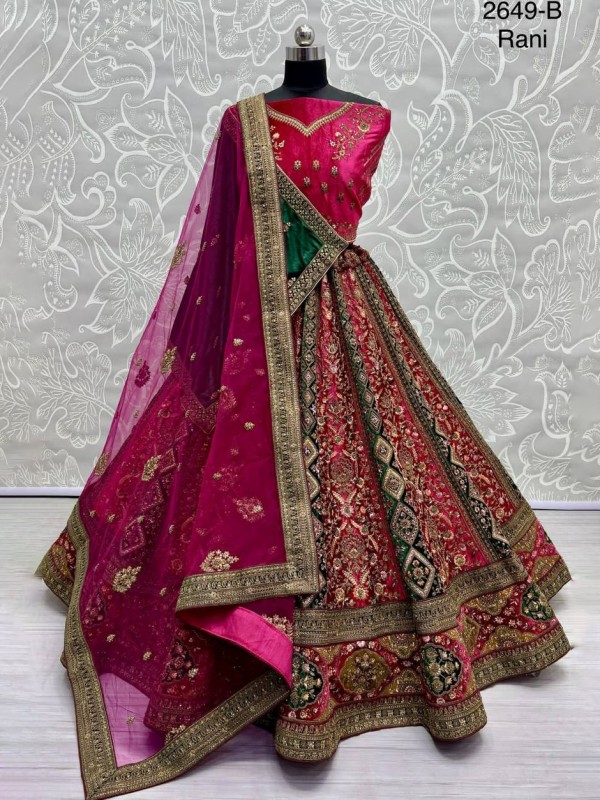 Pure Micro Velvet Wedding Wear Lehenga In Rani Pink Color With Embroidery Work