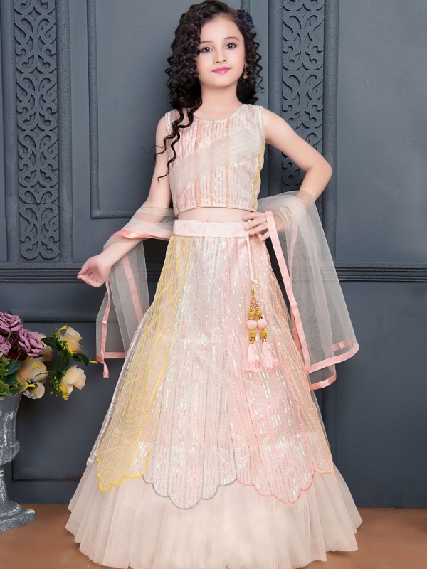 Soft Premium Net Party Wear Kids Lehenga In Peach With Embroidery Work 