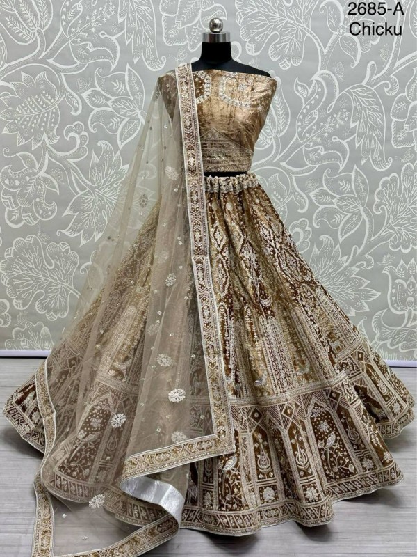 Pure Micro velvet Wedding Wear Lehenga In Chicku Color With Embroidery Work
