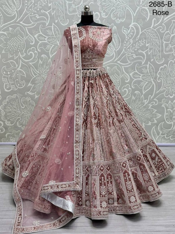 Pure Micro velvet Wedding Wear Lehenga In Rose Color With Embroidery Work