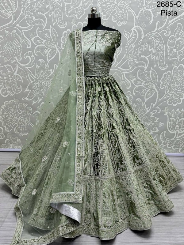 Pure Micro velvet Wedding Wear Lehenga In Pista Color With Embroidery Work