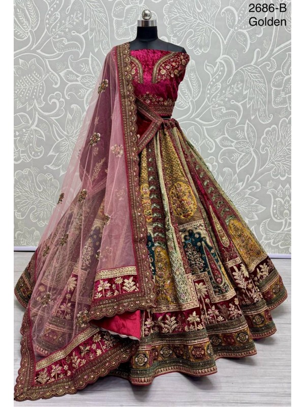 Pure Micro velvet Wedding Wear Lehenga In Golden Color With Embroidery Work