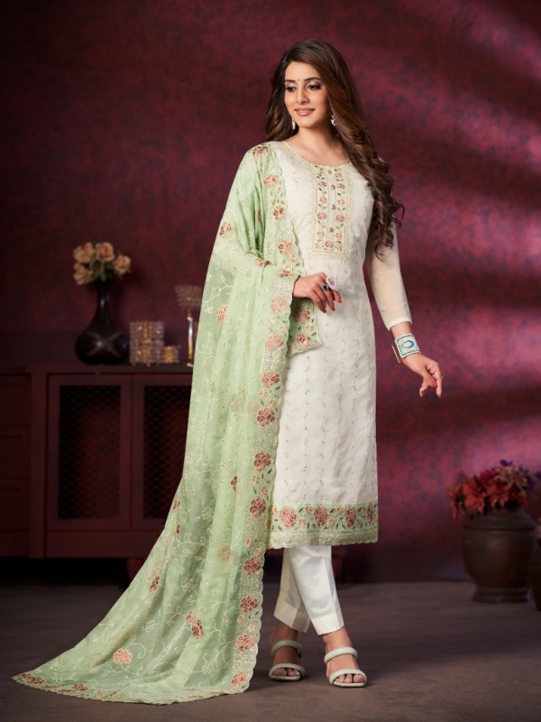 Organza Silk Party Wear  Suit  in White & Green Color with  Embroidery Work