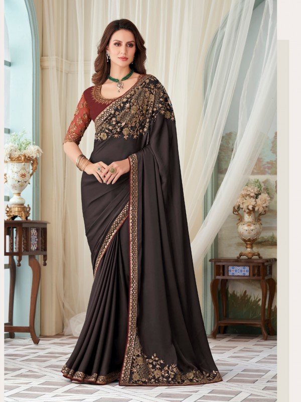 Milano Silk  Saree Brown  Color With Embroidery Work
