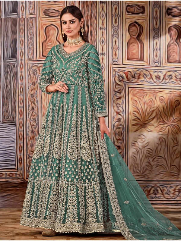 Soft Premium Net Party Wear Gown In Teal Green Color with Embroidery Work