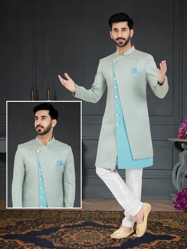 Jacquard Silk IndoWestern Ready Made Dress in Grey Color 