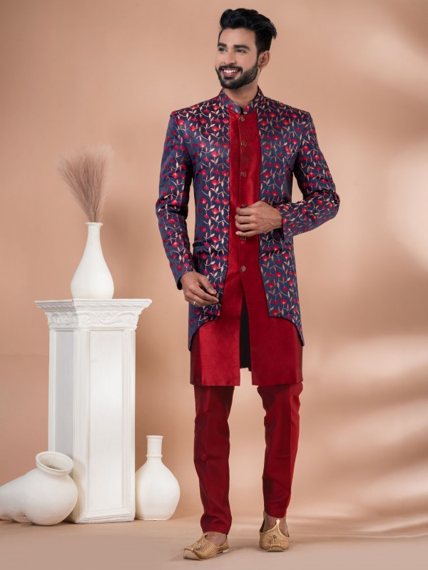 Jacquard & Banarasi Dhupion Silk Fabric IndoWestern Ready Made Dress in Navy Blue & Red Color