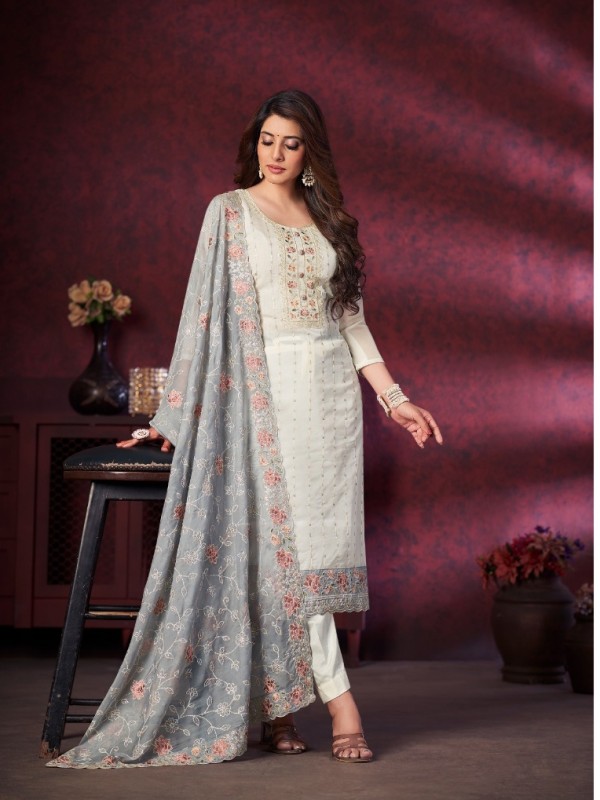 Organza Silk Party Wear  Suit  in White & Grey Color with  Embroidery Work