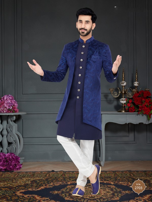 Jacquard Silk IndoWestern Ready Made Dress in Blue Color 