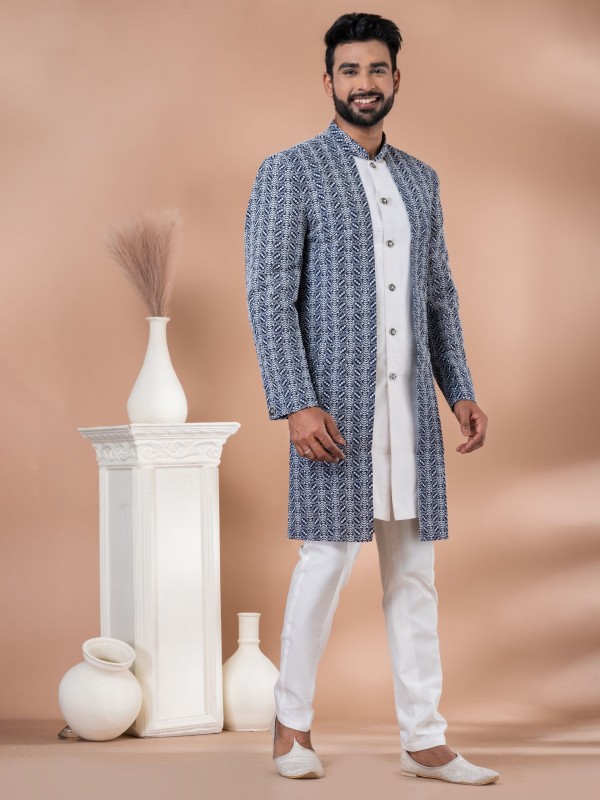 Cotton Embrodery & Banarasi Dhupion Silk Fabric IndoWestern Ready Made Dress in White & Navy Blue Color