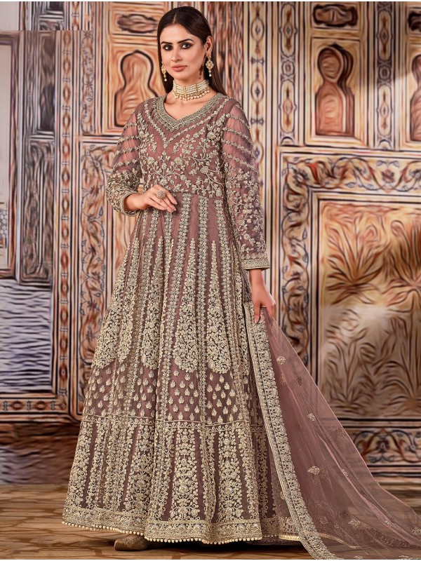 Soft Premium Net Party Wear Gown In Brown Color with Embroidery Work