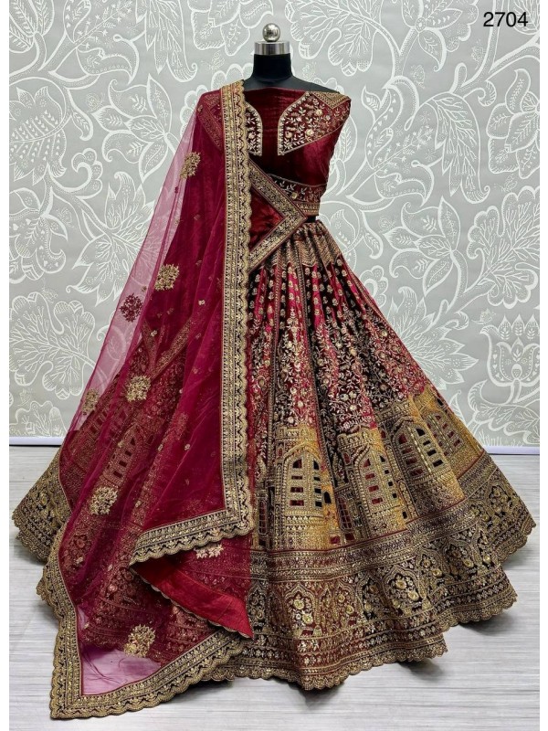 Pure Micro Velvet Bridal  Wear Lehenga In  Maroon Color With Embroidery Work 