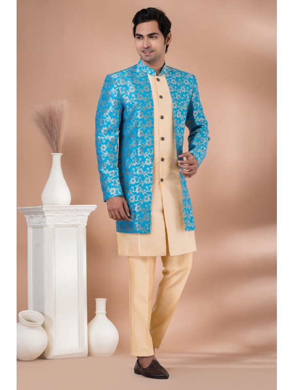 Cotton Embrodery & Banarasi Dhupion Silk Fabric IndoWestern Ready Made Dress in Sky Blue & Cream Color