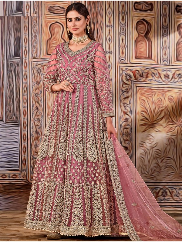 Soft Premium Net Party Wear Gown In Pink Color with Embroidery Work